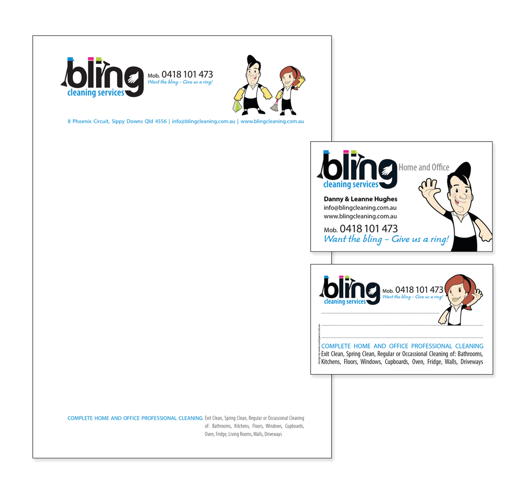 Bling Cleaning letterhead and business card design