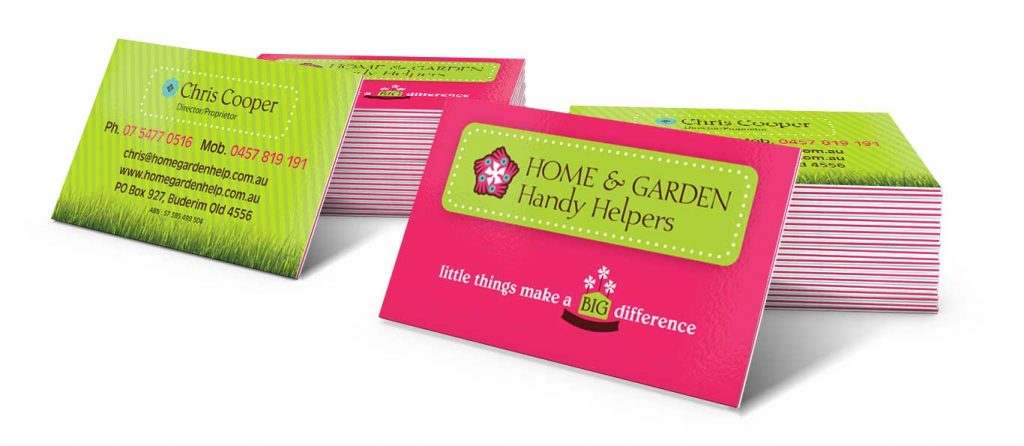 Home Garden Helpers business card design in pink and green