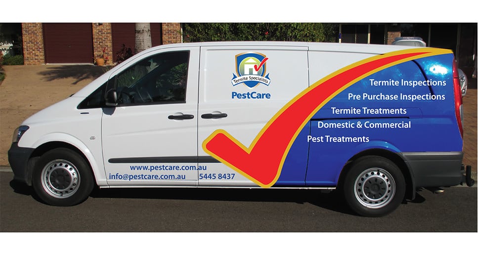 Pest control tick of approval in red vehicle signage design