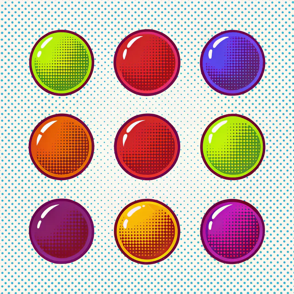 Colourful dots over a halftone pattern background.