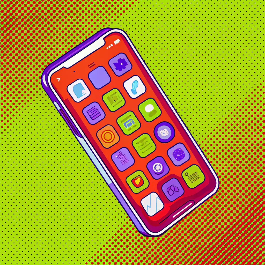 Illustration of a mobile phone and apps showing on the screen.