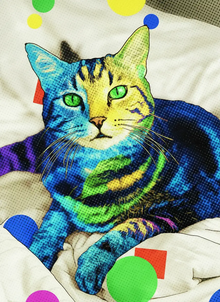 Pop art style portrait of Charlie Hindes, Cat. Looking straight into the camera.