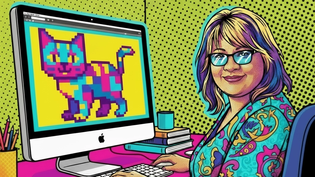 Taty Hindes pop art illustration with pixelated cat on a computer screen